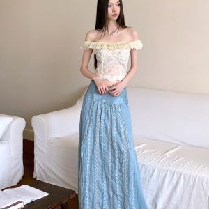 Floral Lace One-Shoulder Top and Lightweight Embroidered Skirt Set - Summer Vacation Style for Women, Age-Reducing, Boho Chic