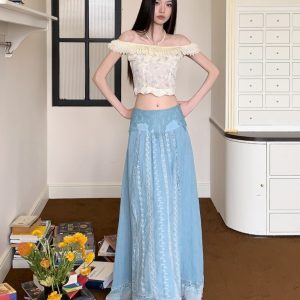 Floral Lace One-Shoulder Top and Lightweight Embroidered Skirt Set - Summer Vacation Style for Women, Age-Reducing, Boho Chic