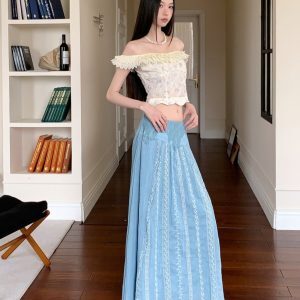 Floral Lace One-Shoulder Top and Lightweight Embroidered Skirt Set - Summer Vacation Style for Women, Age-Reducing, Boho Chic