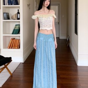 Floral Lace One-Shoulder Top and Lightweight Embroidered Skirt Set - Summer Vacation Style for Women, Age-Reducing, Boho Chic