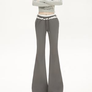 Floral Lace Spliced Double Waist Yoga Pants for Petite Women - Black Slim Fit Flared Style, Perfect for 90s and Y2K Fashion