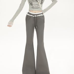 Floral Lace Spliced Double Waist Yoga Pants for Petite Women - Black Slim Fit Flared Style, Perfect for 90s and Y2K Fashion