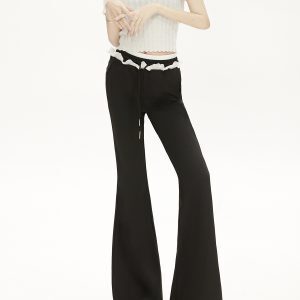 Floral Lace Spliced Double Waist Yoga Pants for Petite Women - Black Slim Fit Flared Style, Perfect for 90s and Y2K Fashion