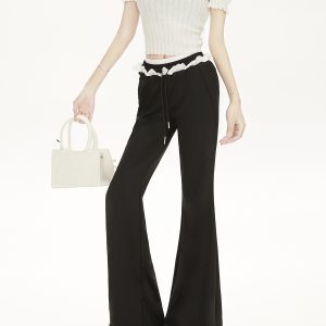 Floral Lace Spliced Double Waist Yoga Pants for Petite Women - Black Slim Fit Flared Style, Perfect for 90s and Y2K Fashion