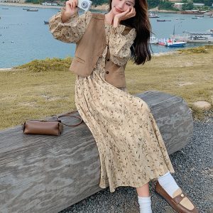 Floral Long Dress Set with Mélard Vest for Women - Autumn 2024 French High-End Style, Chic & Elegant Fashion