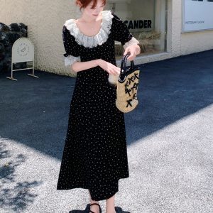 Floral Patchwork Lace Trim French-Style Waist-Cinching Long Dress for Women - Summer 2025 Ankle-Length Fashion