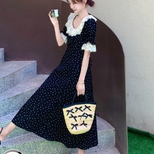 Floral Patchwork Lace Trim French-Style Waist-Cinching Long Dress for Women - Summer 2025 Ankle-Length Fashion
