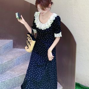 Floral Patchwork Lace Trim French-Style Waist-Cinching Long Dress for Women - Summer 2025 Ankle-Length Fashion