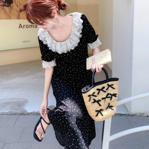 Floral Patchwork Lace Trim French-Style Waist-Cinching Long Dress for Women - Summer 2025 Ankle-Length Fashion