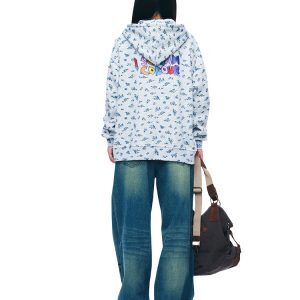 Floral Print Gray Hooded Zip-Up Sweatshirt Cardigan - Long Sleeve Casual Jacket for Y2K and Korean Style Fashion