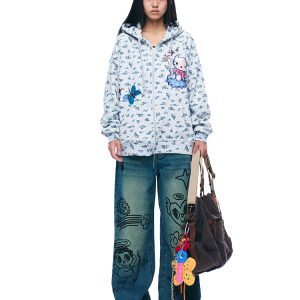 Floral Print Gray Hooded Zip-Up Sweatshirt Cardigan - Long Sleeve Casual Jacket for Y2K and Korean Style Fashion