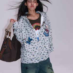 Floral Print Gray Hooded Zip-Up Sweatshirt Cardigan - Long Sleeve Casual Jacket for Y2K and Korean Style Fashion