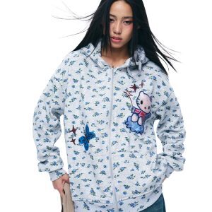 Floral Print Gray Hooded Zip-Up Sweatshirt Cardigan - Long Sleeve Casual Jacket for Y2K and Korean Style Fashion