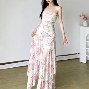 Floral Print Mesh Strapless Dress for Women - Ruffled Irregular Long Skirt, Vacation Style, Perfect for Summer Events and 90s Vibes