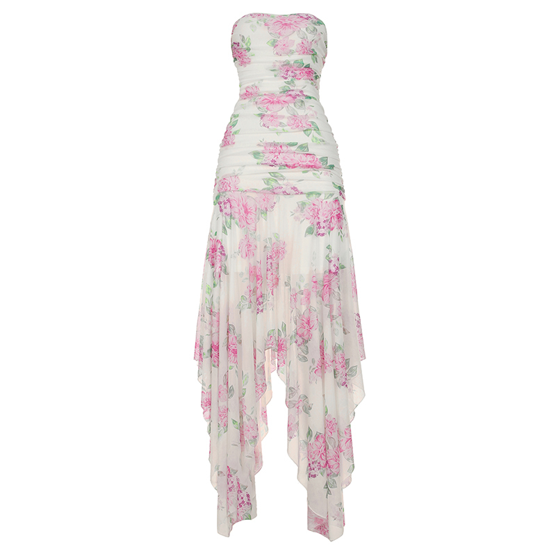 Floral Print Mesh Strapless Dress for Women - Ruffled Irregular Long Skirt, Vacation Style, Perfect for Summer Events and 90s Vibes