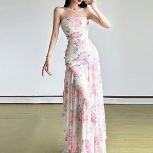 Floral Print Mesh Strapless Dress for Women - Ruffled Irregular Long Skirt, Vacation Style, Perfect for Summer Events and 90s Vibes