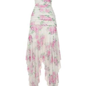 Floral Print Mesh Strapless Dress for Women - Ruffled Irregular Long Skirt, Vacation Style, Perfect for Summer Events and 90s Vibes