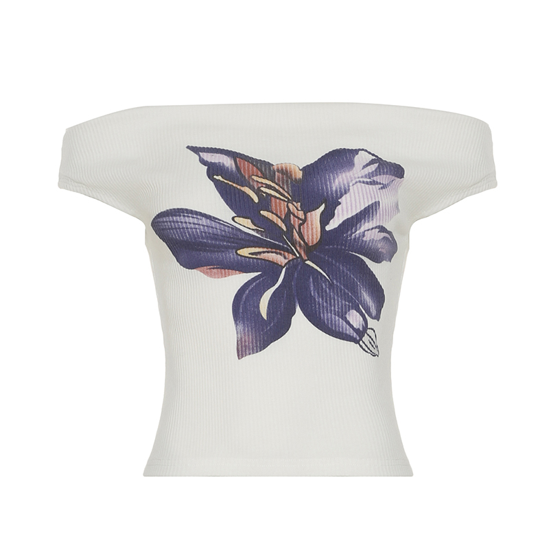 Floral Print Off-Shoulder One-Shoulder T-Shirt for Women, Slim Fit Sexy Cropped Knitted Top, Y2K Style, Sweet and Spicy Design