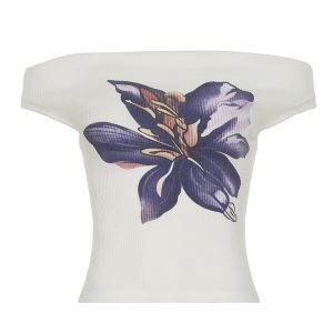 Floral Print Off-Shoulder One-Shoulder T-Shirt for Women, Slim Fit Sexy Cropped Knitted Top, Y2K Style, Sweet and Spicy Design