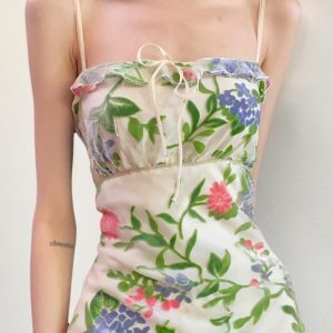 Floral Print Off-The-Shoulder Tulle Midi Dress with Ruffles - French Countryside Style Camisole for Women, Perfect for Summer Events