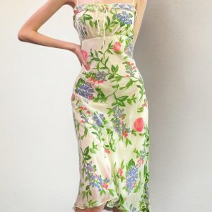 Floral Print Off-The-Shoulder Tulle Midi Dress with Ruffles - French Countryside Style Camisole for Women, Perfect for Summer Events