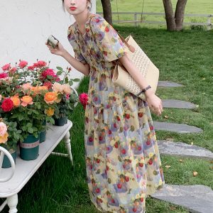 Floral Puff Sleeve Dress for Women - Unique Summer Vacation Dress in Stunning Oil Painting Style with Waist-Cinching Design