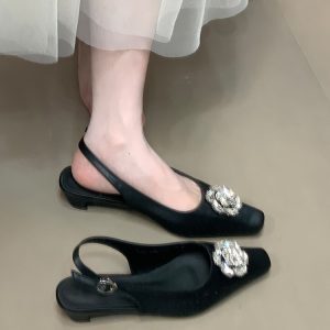 Floral Rhinestone Open-Toe Sandals, Backless Flats with Low Heels, Square Toes, Fairy Style, Summer Fashion, Boho Chic