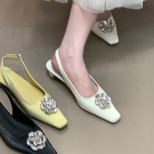 Floral Rhinestone Open-Toe Sandals, Backless Flats with Low Heels, Square Toes, Fairy Style, Summer Fashion, Boho Chic