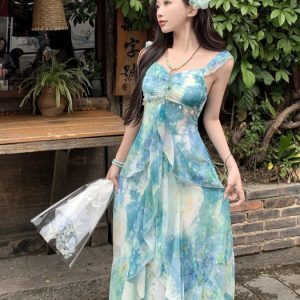 Floral Ruffled Camisole Dress for Women - French-Style Dopamine Print, Summer Ultra-Fairy Seaside Vacation Dress