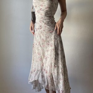 Floral Ruffled Neck Vest Dress for Vacation, Waist-Cinching and Slimming Sheer Irregular Skirt, Perfect for Summer and Y2K Style
