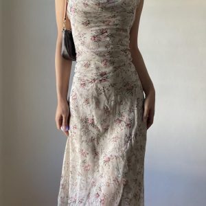 Floral Ruffled Neck Vest Dress for Vacation, Waist-Cinching and Slimming Sheer Irregular Skirt, Perfect for Summer and Y2K Style