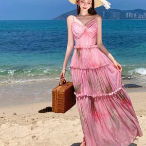 Floral Spaghetti Strap Dress for Women - Summer Vacation Style, Waist-Cinching, Long Cake Dress, Perfect for 90s and Y2K Fashion