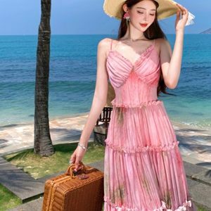 Floral Spaghetti Strap Dress for Women - Summer Vacation Style, Waist-Cinching, Long Cake Dress, Perfect for 90s and Y2K Fashion