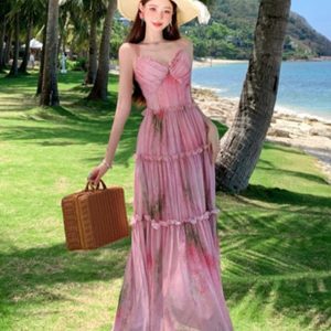 Floral Spaghetti Strap Dress for Women - Summer Vacation Style, Waist-Cinching, Long Cake Dress, Perfect for 90s and Y2K Fashion