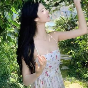Floral Spaghetti Strap Dress for Women – French Style Backless Beach Dress for Summer Vacation & Photo Shoots