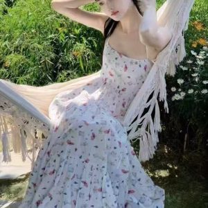 Floral Spaghetti Strap Dress for Women – French Style Backless Beach Dress for Summer Vacation & Photo Shoots