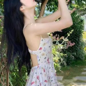 Floral Spaghetti Strap Dress for Women – French Style Backless Beach Dress for Summer Vacation & Photo Shoots