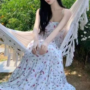 Floral Spaghetti Strap Dress for Women – French Style Backless Beach Dress for Summer Vacation & Photo Shoots