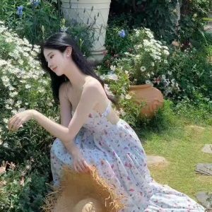 Floral Spaghetti Strap Dress for Women – French Style Backless Beach Dress for Summer Vacation & Photo Shoots