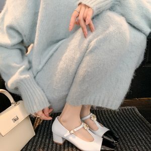 Floral T-Strap Mary Jane Shoes with Chunky Heels and Patent Leather Color Blocking - Luxe Socialite Style for Women