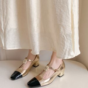 Floral T-Strap Mary Jane Shoes with Chunky Heels and Patent Leather Color Blocking - Luxe Socialite Style for Women