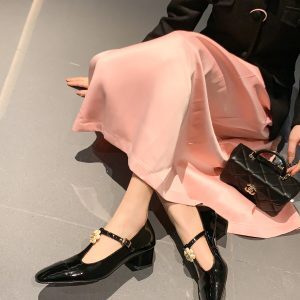 Floral T-Strap Mary Jane Shoes with Chunky Heels and Patent Leather Color Blocking - Luxe Socialite Style for Women