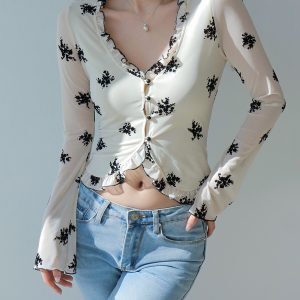 Floral V-Neck Ruffled Casual Long Sleeve Top with Retro Flared Sleeves - French Velvet Cardigan for Y2K and Vintage Style