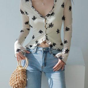 Floral V-Neck Ruffled Casual Long Sleeve Top with Retro Flared Sleeves - French Velvet Cardigan for Y2K and Vintage Style