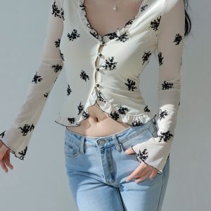 Floral V-Neck Ruffled Casual Long Sleeve Top with Retro Flared Sleeves - French Velvet Cardigan for Y2K and Vintage Style