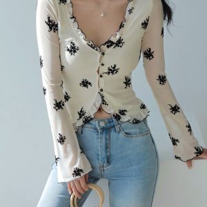 Floral V-Neck Ruffled Casual Long Sleeve Top with Retro Flared Sleeves - French Velvet Cardigan for Y2K and Vintage Style