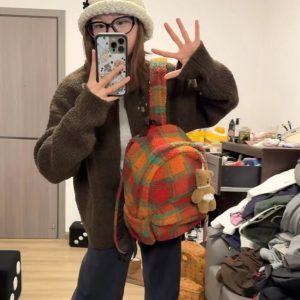 Fluffy Plaid Backpack - Vintage Autumn Winter Lamb Wool Commuter School Bag for Women - Large Capacity for Classes