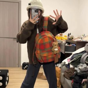 Fluffy Plaid Backpack - Vintage Autumn Winter Lamb Wool Commuter School Bag for Women - Large Capacity for Classes