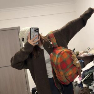 Fluffy Plaid Backpack - Vintage Autumn Winter Lamb Wool Commuter School Bag for Women - Large Capacity for Classes