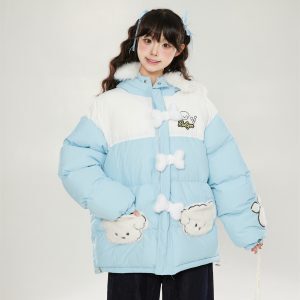 Fluffy Yellow Spliced Fur-Collared Hooded Cotton Coat for Women - Winter Korean Style Cute Trendy Jacket